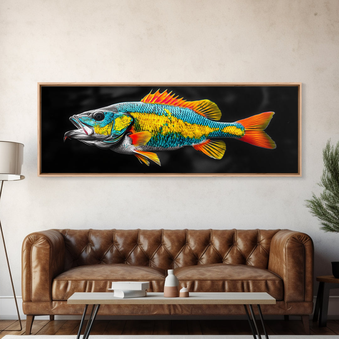Tropical Fish, Vibrant Colors, Bold Sea Life, Black Background, Framed Canvas Print, Kitchen Wall Art, Modern Coastal Art