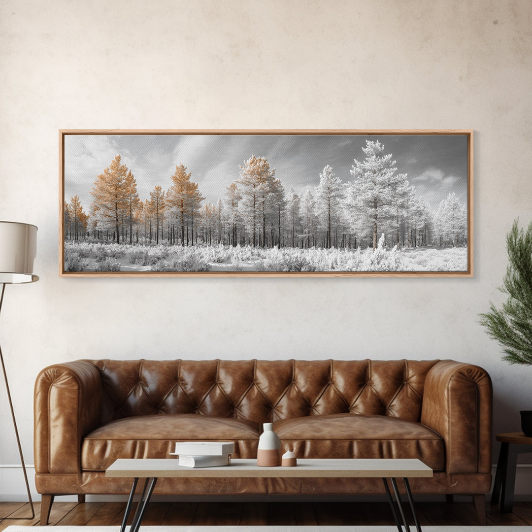 Snowy Forest Landscape, Frosted Pine Trees, Winter Wonderland Scene, Framed Canvas Print, Nordic Minimalist, Holiday Wall Art