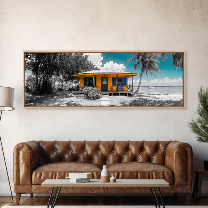 Beach House, Tropical Paradise, Yellow Cabin, Oceanfront View, Framed Canvas Print, Living Room Wall Art, Coastal Home Aesthetic