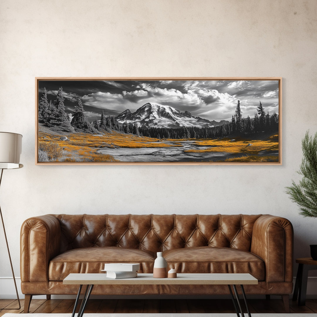 Majestic Mountain Scene, Snow Peaks and Meadows, Alpine Wilderness View, Framed Canvas Print, Cabin Wall Decor, Nature Wall Art