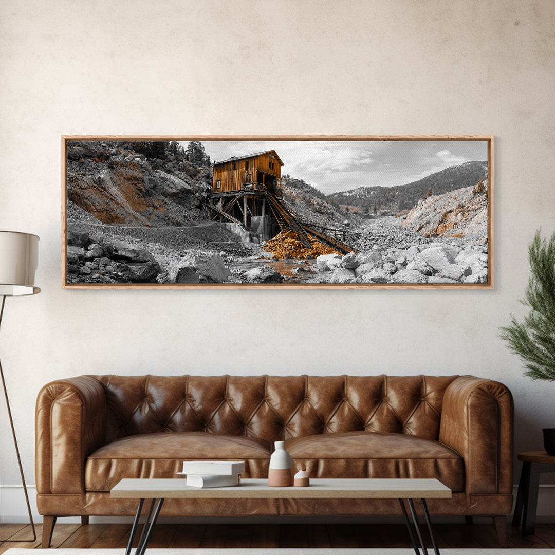 Desert Mine Cabin, Rustic Gold Landscape, Abandoned Building Scene, Framed Canvas Print, Western Art, Office Wall Decor