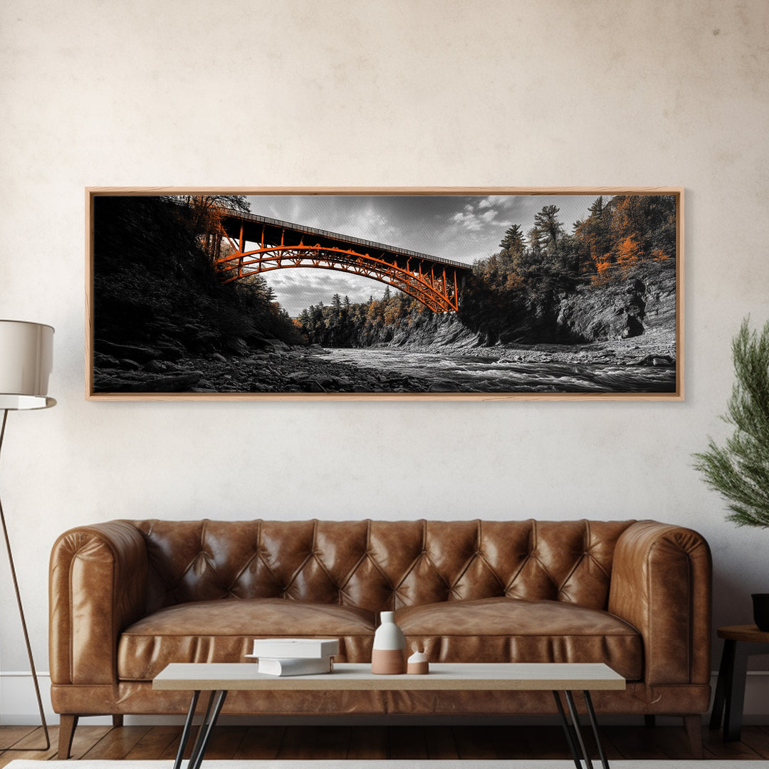 Autumn River Bridge, Orange Iron Arch, Canyon Flow Scene, Framed Canvas Print, Rustic Fall Decor, Entryway Wall Art, Living Room Decor