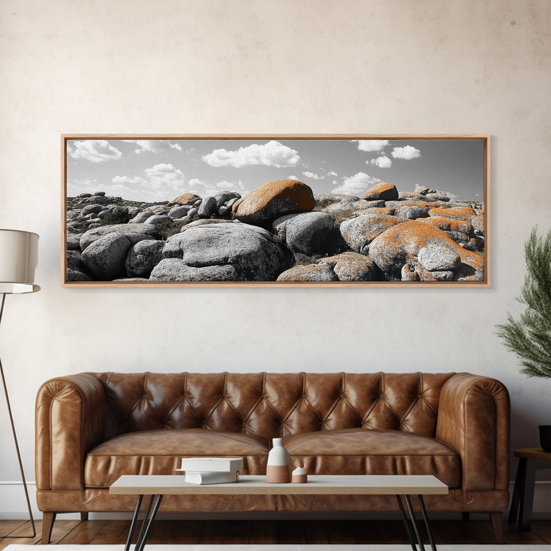 Granite Boulder Field, Orange Lichen Rocks, Desert Rockscape, Canvas Print, Natural Earth Decor, Living Room Wall Art