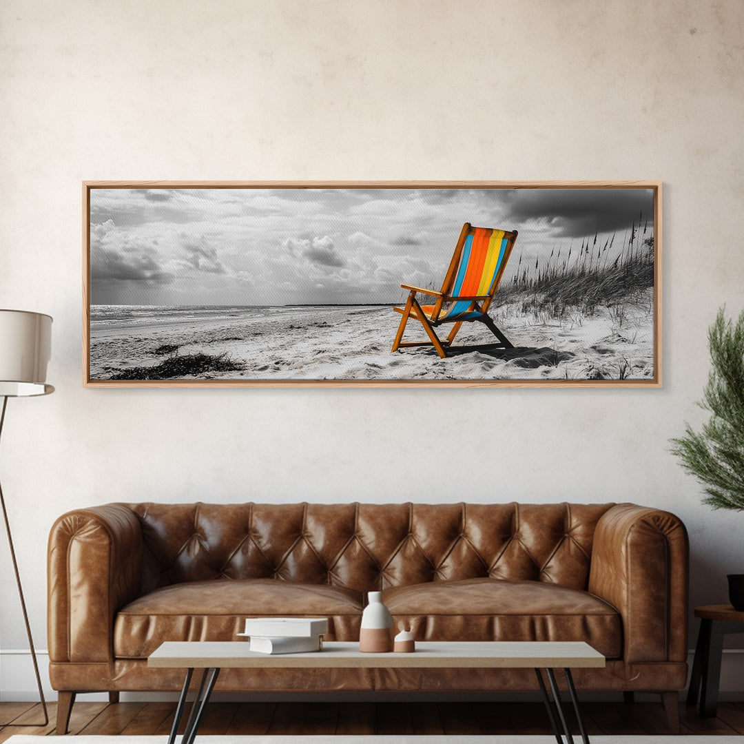 Beach Chair, Coastal Solitude, Striped Fabric, Seaside Calm, Framed Canvas Print, Minimalist Wall Art, Beach House Decor