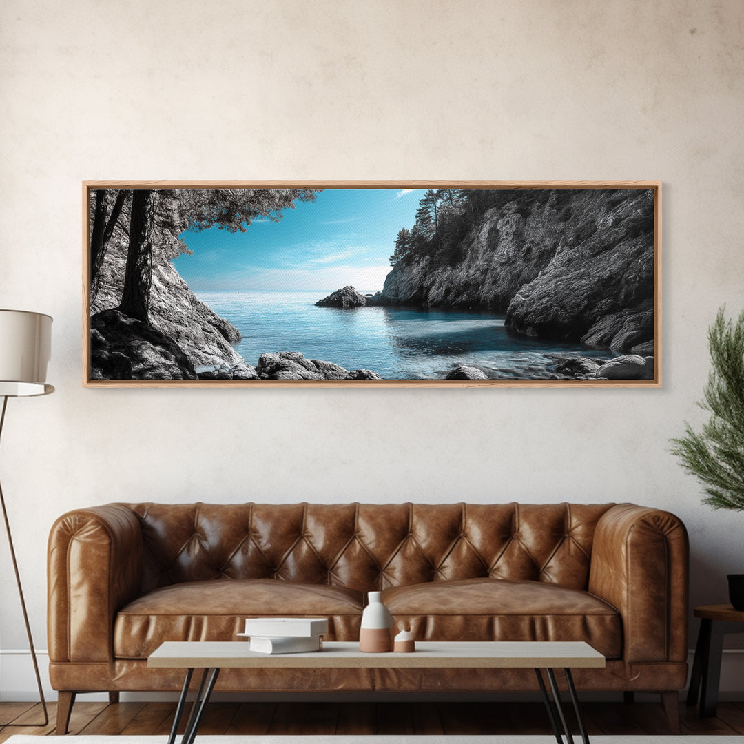 Coastal Cove, Ocean Escape, Blue Seascape, Nature View, Framed Canvas Print, Coastal Wall Decor, Bathroom Art, Nautical Beach Art