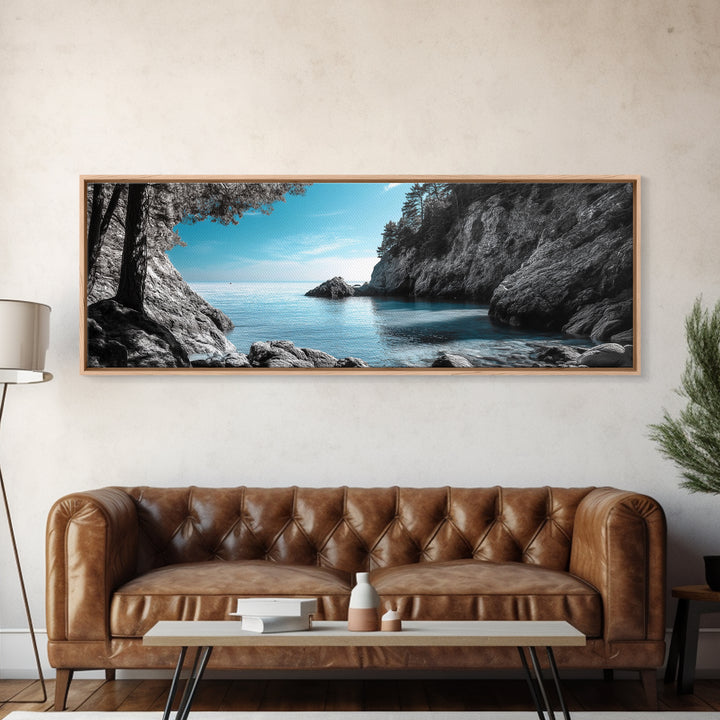 Coastal Cove, Ocean Escape, Blue Seascape, Nature View, Framed Canvas Print, Coastal Wall Decor, Bathroom Art, Nautical Beach Art