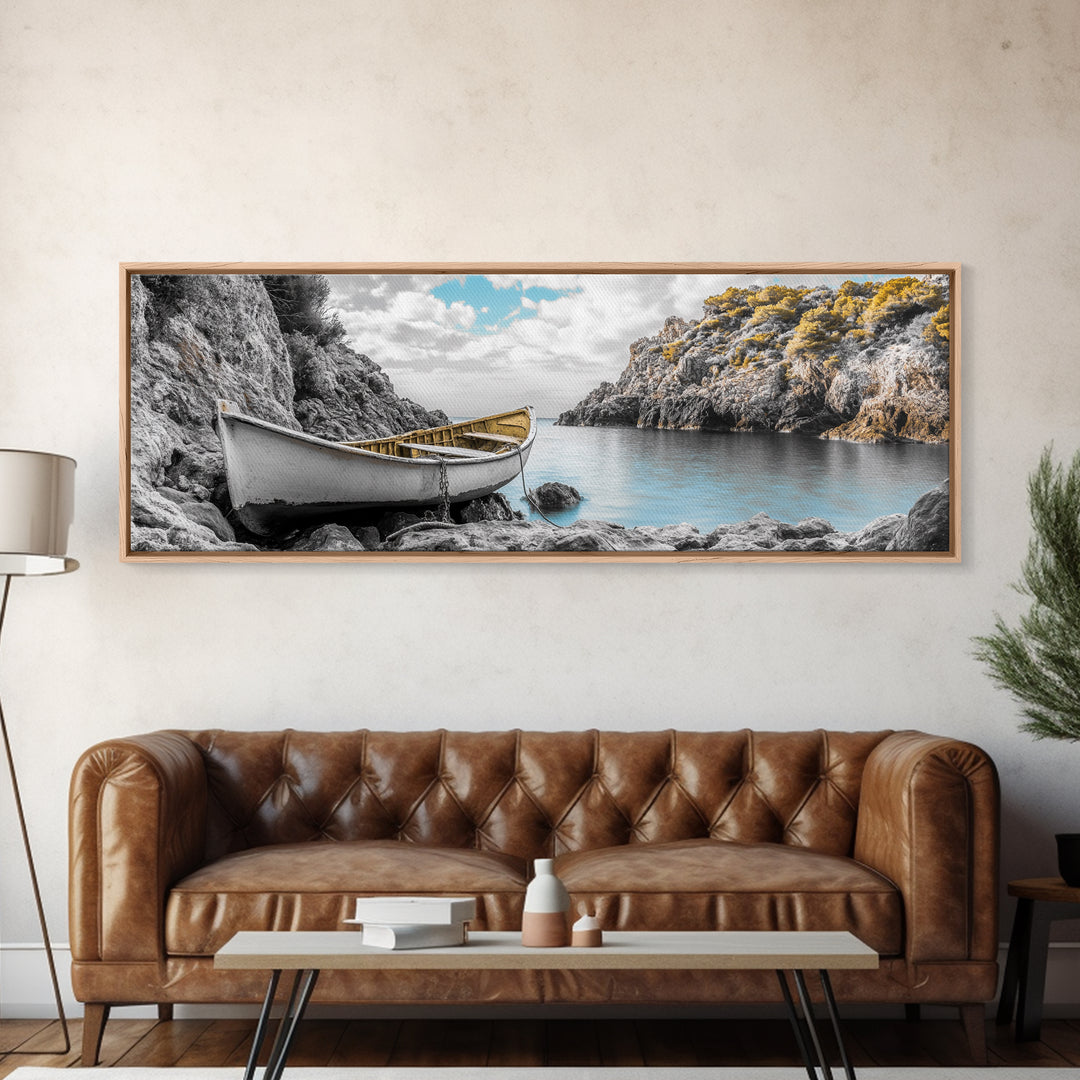 Abandoned Rowboat, Rustic Shore, Autumn Cove, Island Serenity, Framed Canvas Print, Lakehouse Decor, Coastal Wall Art, Nature Print