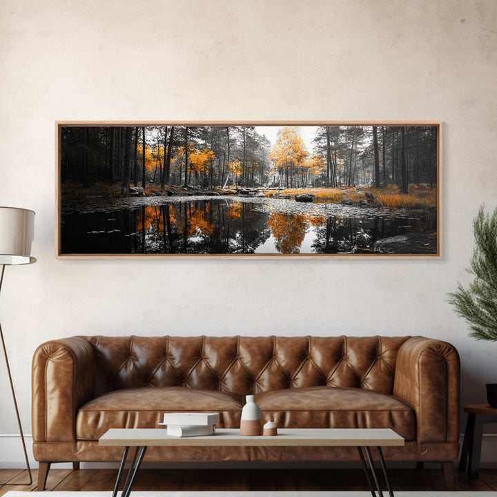 Autumn Forest, Golden Trees, Tranquil Reflection, Nature Pond, Framed Canvas Print, Fall Wall Art, Living Room Decor, Cozy Vibes