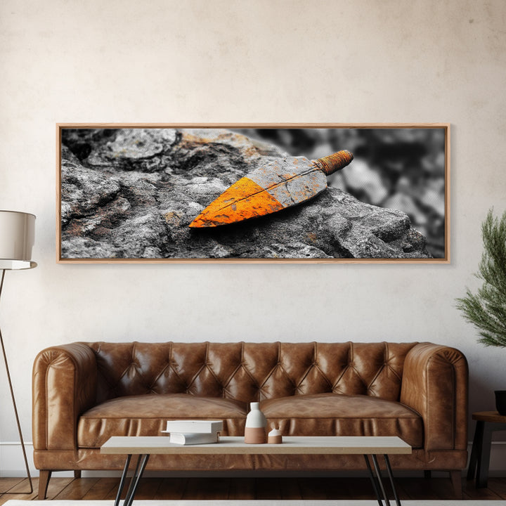 Tribal Blade, Ancient Weapon, Stone Texture, Orange Detail, Framed Canvas Print, Masculine Wall Art, Rustic Decor, Warrior Vibes