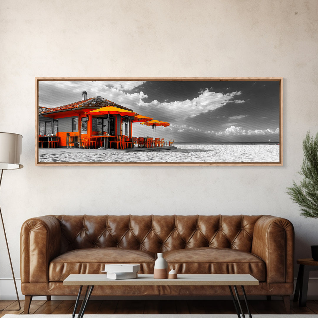 Beach Cafe, Orange Umbrellas, Seaside Dining, Sunny Vibes, Framed Canvas Print, Kitchen Wall Art, Summer Coastal Style