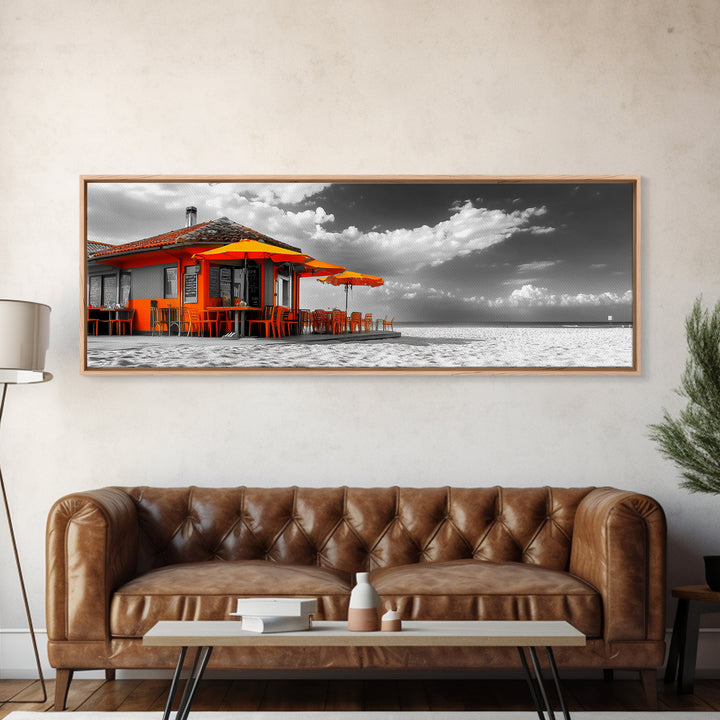 Beach Cafe, Orange Umbrellas, Seaside Dining, Sunny Vibes, Framed Canvas Print, Kitchen Wall Art, Summer Coastal Style