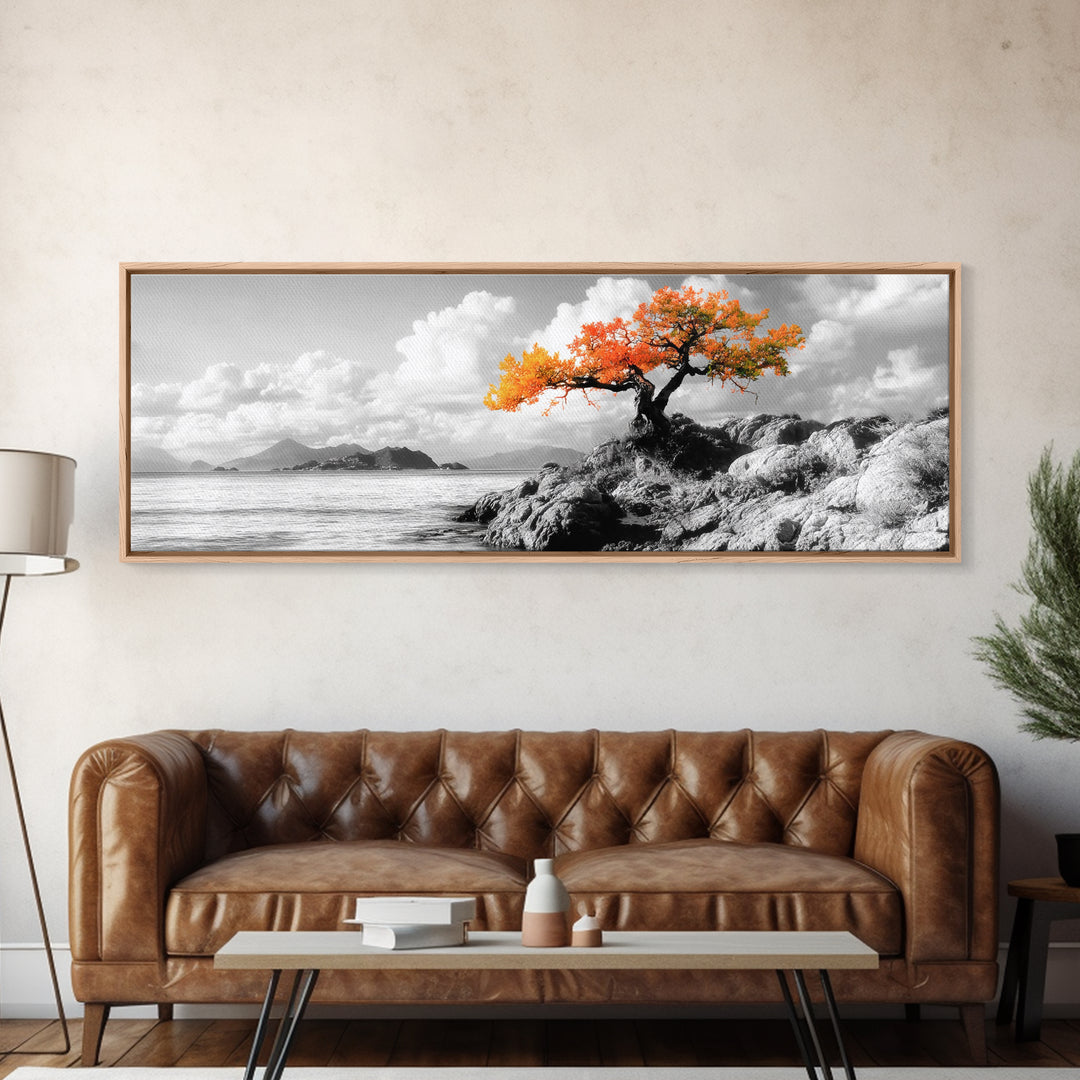 Autumn Tree, Coastal Cliff, Ocean Horizon, Framed Canvas Print, Autumn decor, rustic wall art, minimalist nature, neutral tones