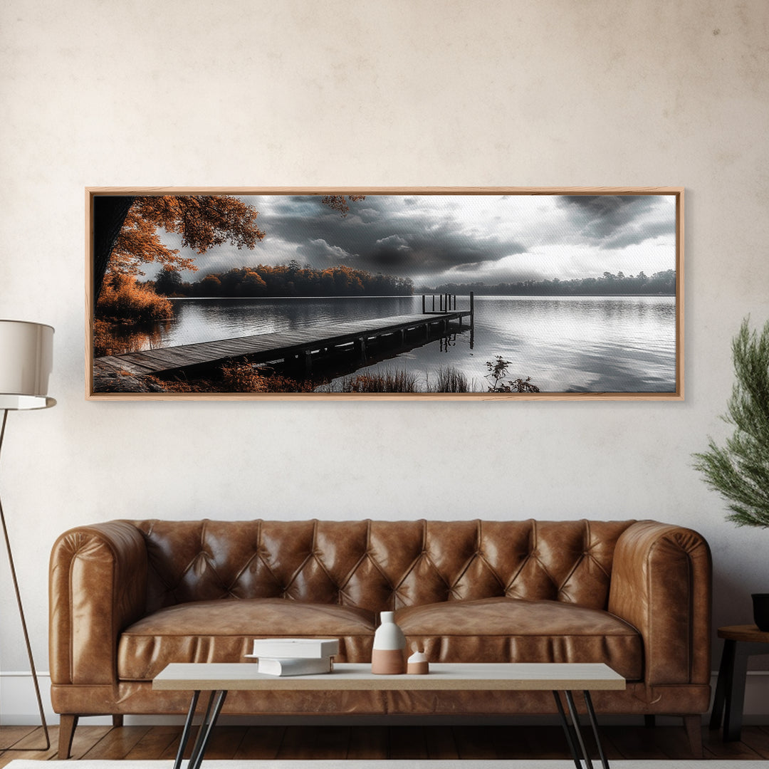 Autumn Lake, Stormy Sky, Wooden Dock, Canvas Print, fall landscape wall art, cozy home decor, cabin style print, orange forest reflections