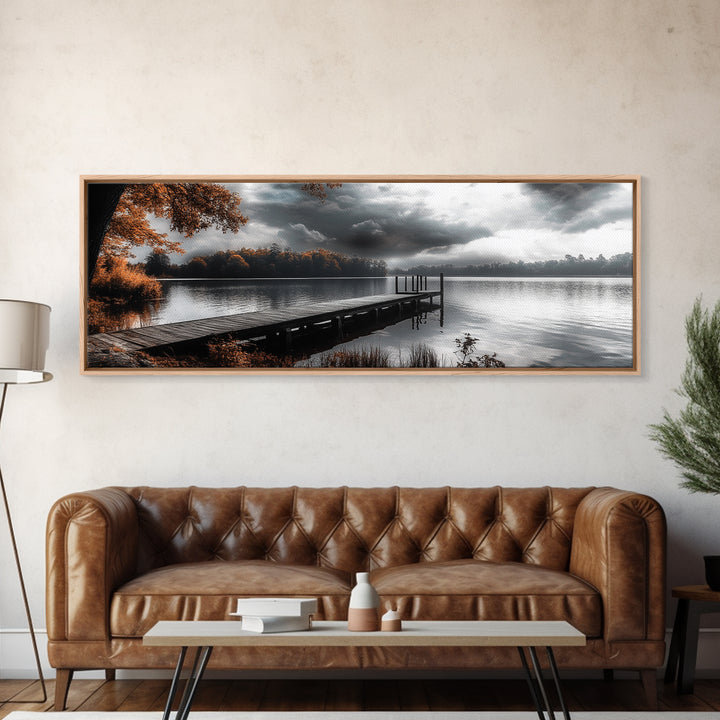 Autumn Lake, Stormy Sky, Wooden Dock, Canvas Print, fall landscape wall art, cozy home decor, cabin style print, orange forest reflections