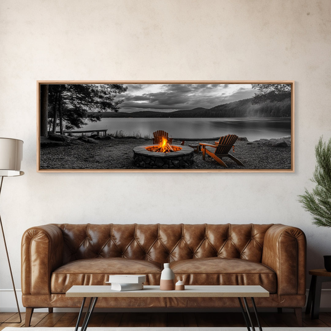 Campfire Chairs Lakeside, Cozy Autumn Vibes, Mountain Cabin View, Framed Canvas Print, Rustic Fall Wall Art, Living Room Fireplace Decor