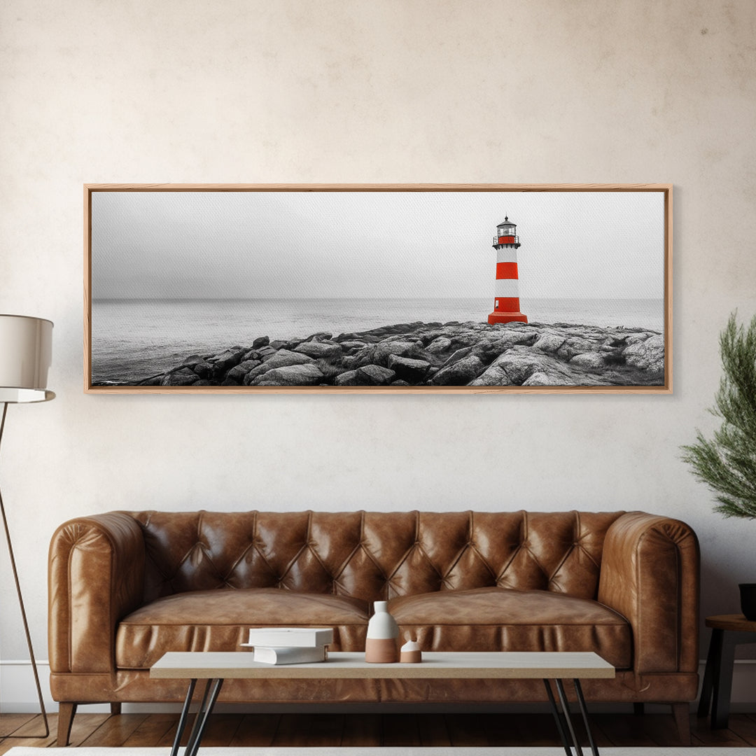 Rocky Shore, Coastal Guide, Red Lighthouse, Ocean Cliff Scene, Framed Canvas Print, Nautical Wall Decor, Bathroom Wall Art, Minimalist Art