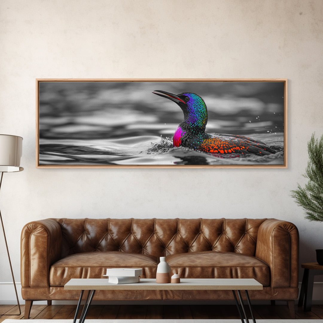 Colorful Loon, Rainbow Feathers, Water Splash, Unique Wildlife, Framed Canvas Print, Bathroom Wall Art, Eclectic Style, Birdwatcher Gift