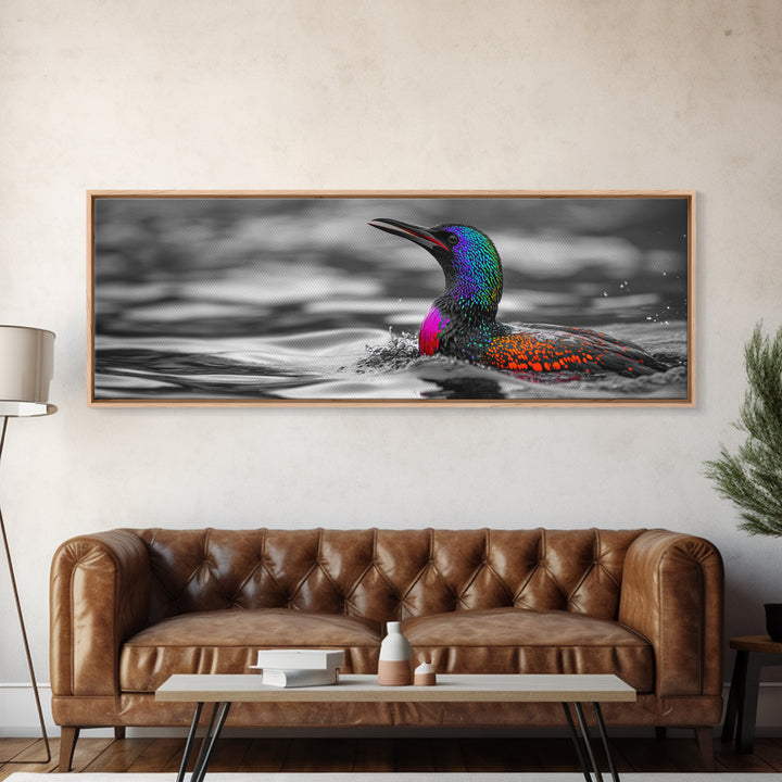 Colorful Loon, Rainbow Feathers, Water Splash, Unique Wildlife, Framed Canvas Print, Bathroom Wall Art, Eclectic Style, Birdwatcher Gift