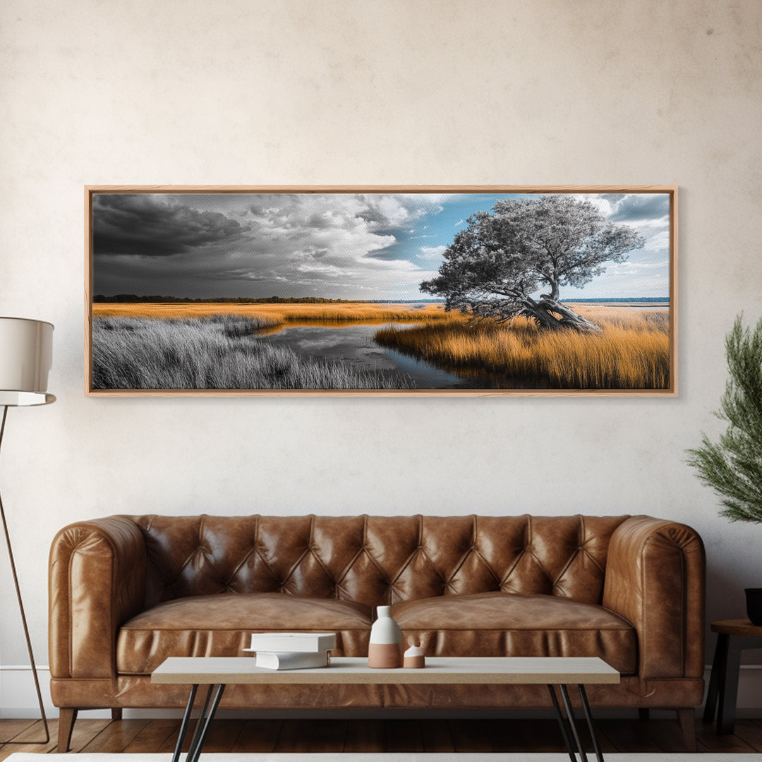 Autumn Marsh, Windswept Tree, Golden Grass, Storm Sky, Framed Canvas Print, Fall Wall Art, Living Room Decor, Rustic Landscape
