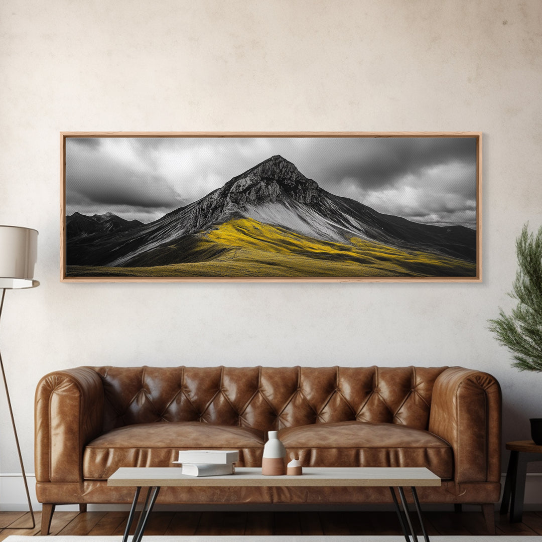 Black Mountain Peak, Moody Sky, Bold Yellow Hillside, Framed Canvas Print, Nature Art, Bedroom Wall Decor, Modern Landscape Print