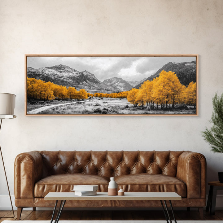 Golden Trees Trail, Snowy Peaks, Serene Landscape, Framed Canvas Print, Autumn Home Decor, Cozy Wall Art, Cabin Aesthetic