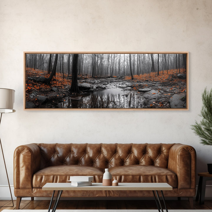 Autumn Forest Stream, Bare Trees, Orange Leaves, Framed Canvas Print, Fall Wall Art, Cozy Nature Scene, Entryway Decor