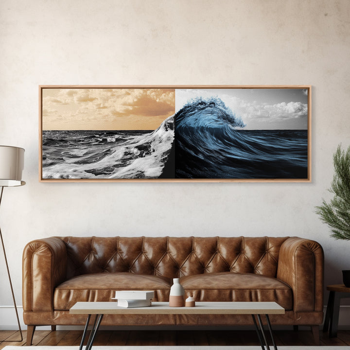 Ocean Wave Split, Sunrise Sea, Blue Tidal Wave, Framed Canvas Print, Nautical Wall Art, Coastal Decor, Bathroom Seascape