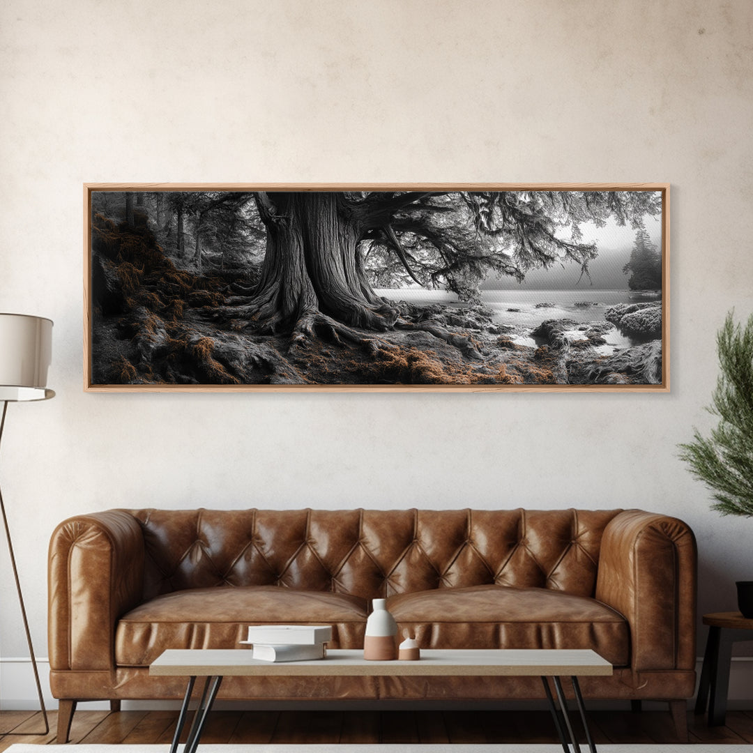 Ancient Tree, Forest Roots, Coastal Woods, Mystical Scene, Framed Canvas Print, Nature Wall Art, Woodland Decor, Moody Living Room Art