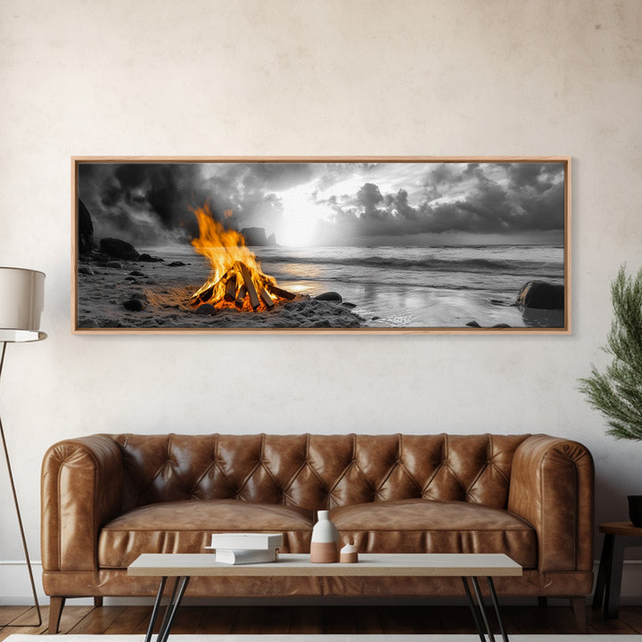 Beach Bonfire Glow, Autumn Coastal Scene, Campfire Photography, Canvas Print, Rustic Living Room or Cabin Wall Art, Fall Decor