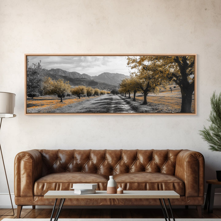 Autumn Orchard, Tree Tunnel, Mountain Path, Golden Fields, Framed Canvas Print, Fall Landscape Art, Rustic Farmhouse Decor, Dining Room Wall Art