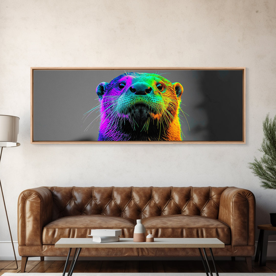 Neon Otter, Rainbow Wildlife, Pop Art Animal, Colorful Creature, Framed Canvas Print, Modern Animal Art, Teen Room Decor, Eclectic Wall Art