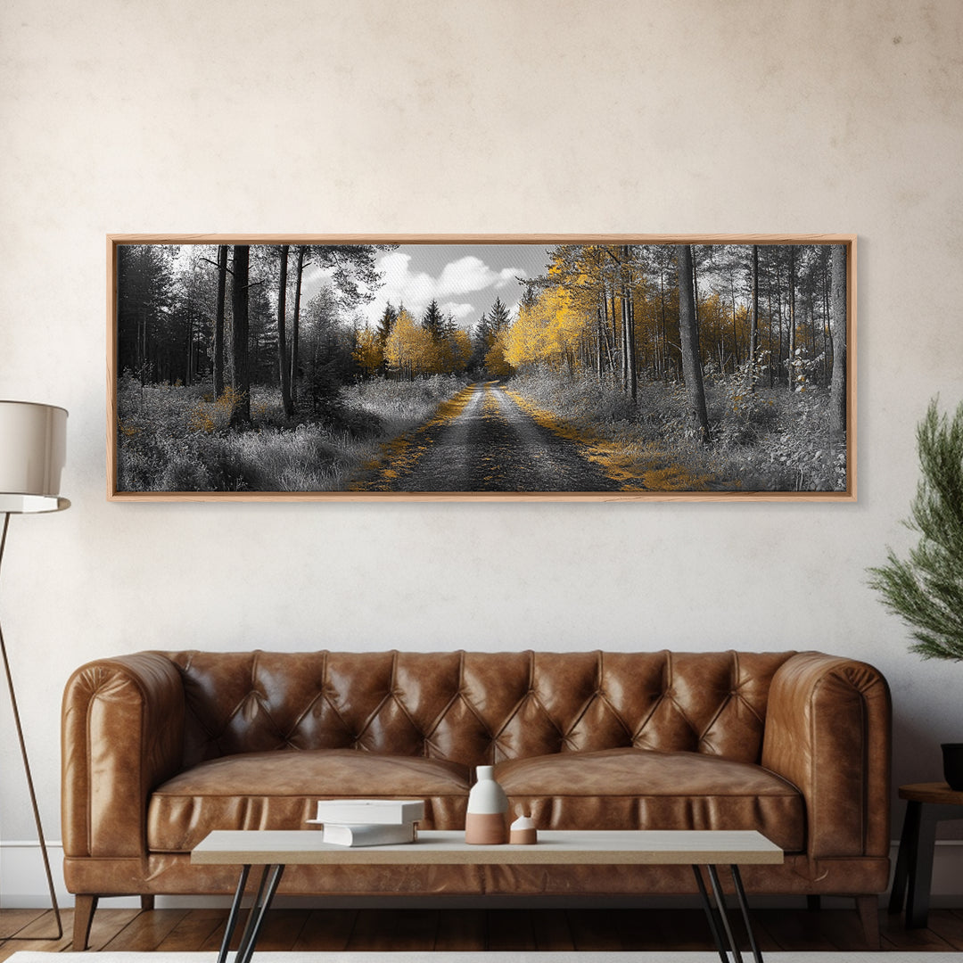 Forest Trail, Autumn Glow, Woodland Path, Golden Trees, Framed Canvas Print, Nature Wall Art, Rustic Cabin Decor, Fall Entryway Artwork