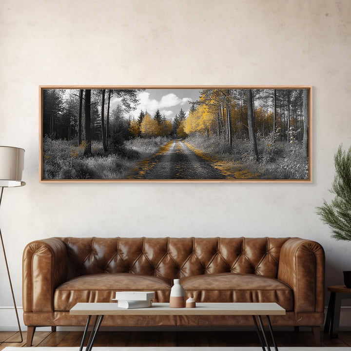 Forest Trail, Autumn Glow, Woodland Path, Golden Trees, Framed Canvas Print, Nature Wall Art, Rustic Cabin Decor, Fall Entryway Artwork