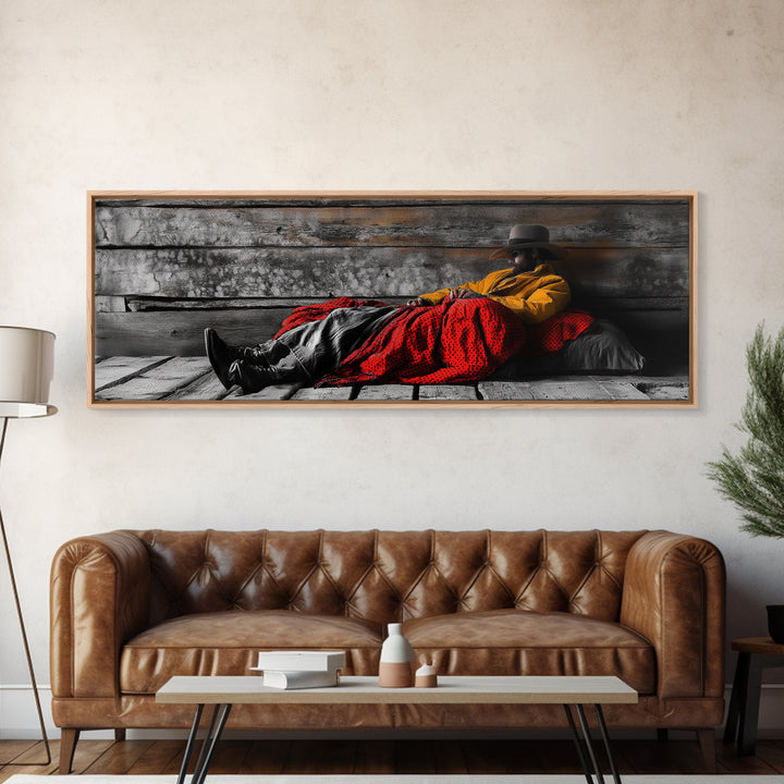 Cowboy Resting, Rustic Cabin Scene, Western Americana, Framed Canvas Print, Fall Wall Art, Bedroom or Study Western Style Decor