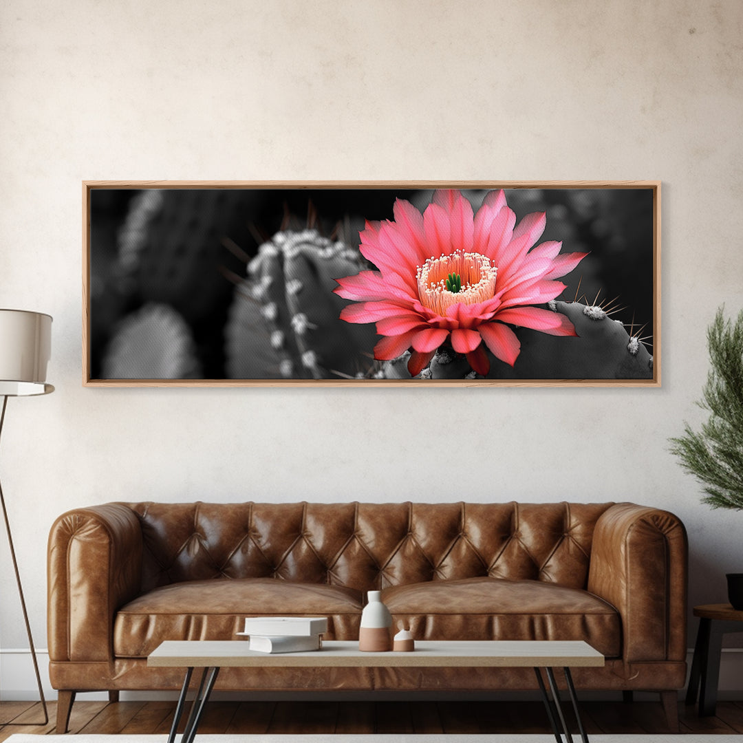 Desert Bloom, Cactus Flower, Vibrant Petals, Nature Beauty, Framed Canvas Print, Boho Wall Art, Living Room Decor, Pink Flower Photography