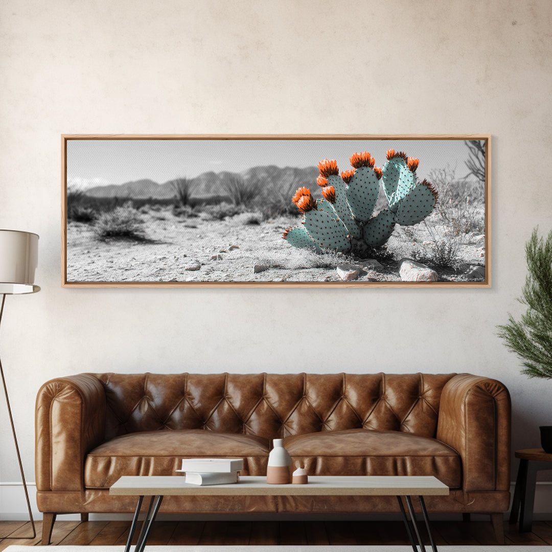 Cactus Garden, Desert Life, Orange Bloom, Nature Vibes, Framed Canvas Print, Rustic Wall Art, Boho Decor, Office Botanical Accent