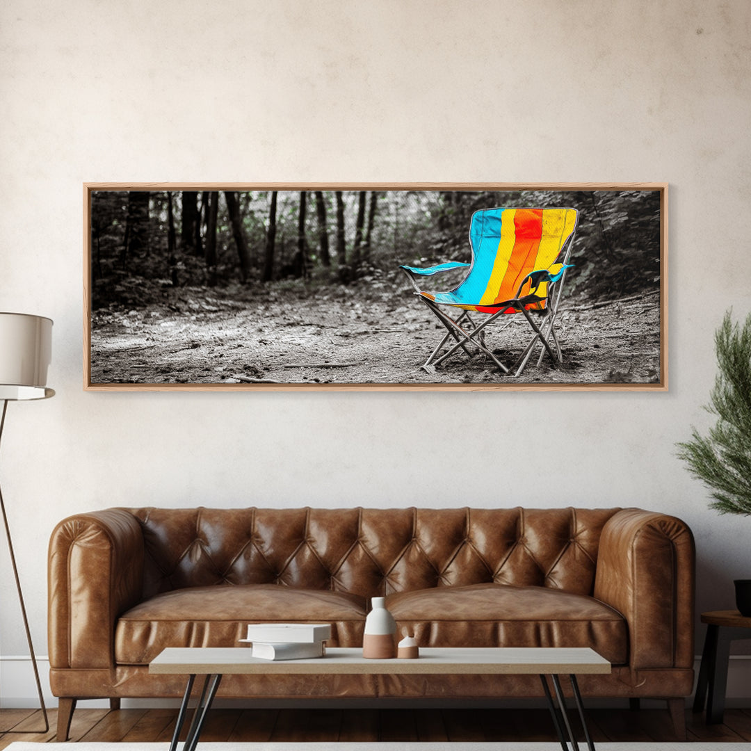 Camping Chair, Forest Trail, Boho Vibes, Outdoor Escape, Framed Canvas Print, Playful Wall Art, Kids Room Decor, Nature Adventure Style