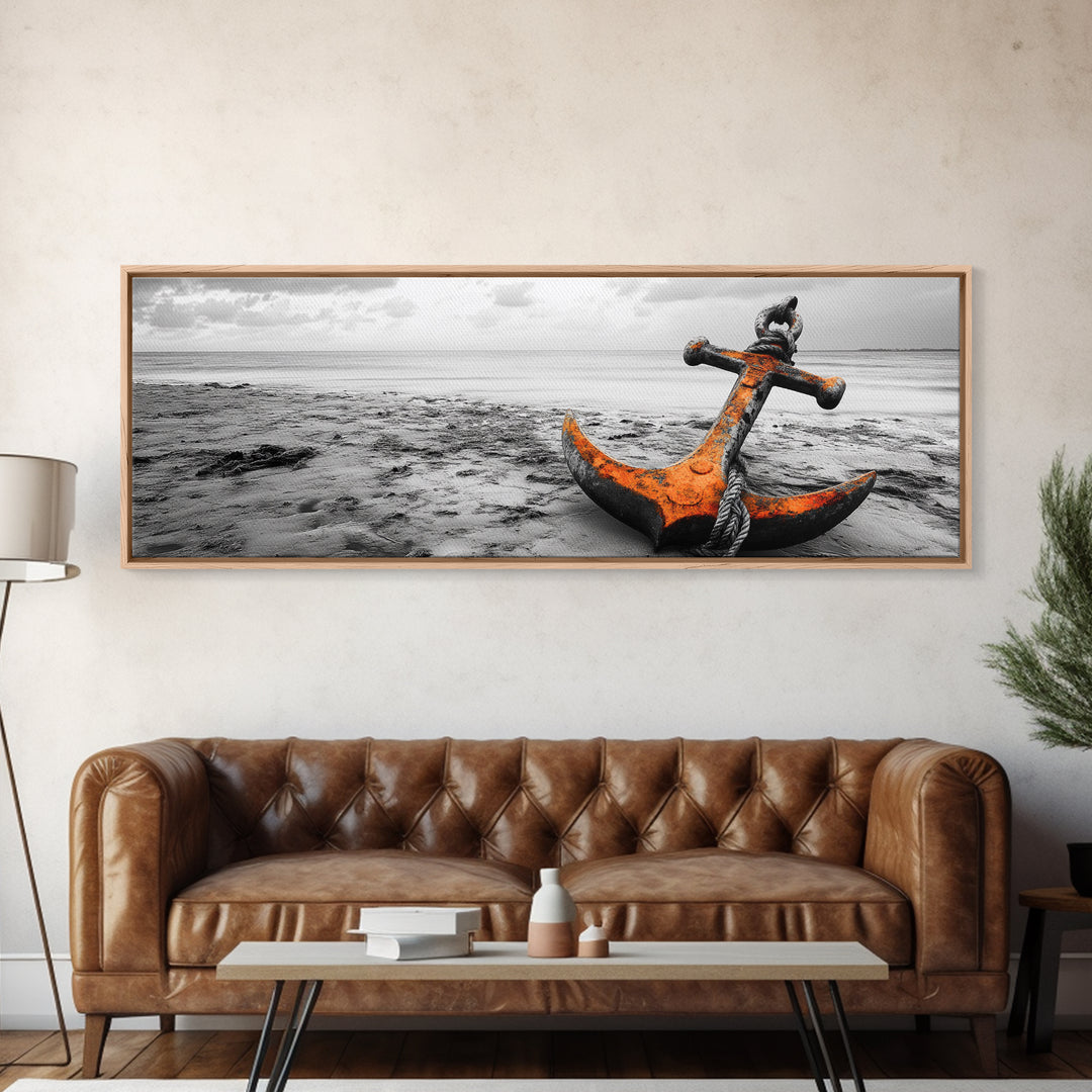 Rusted Anchor, Coastal Decay, Ocean Shore, Nautical Minimalism, Framed Canvas Print, Beach House Wall Art, Bathroom Wall Decor