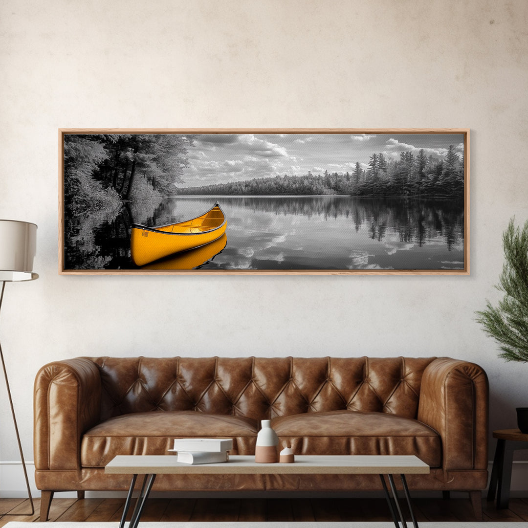 Yellow Canoe, Calm Lake, Reflection Art, Nature Landscape, Adventure Decor, Canvas Print, Rustic Wall Art, Cabin Decor, Lakehouse Art