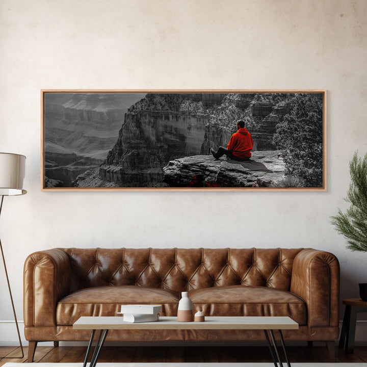 Grand Canyon, Meditation Art, Red Jacket, Adventure Scene, Framed Canvas Print, Hiking Wall Art, Man Cave Decor, Minimalist Landscape