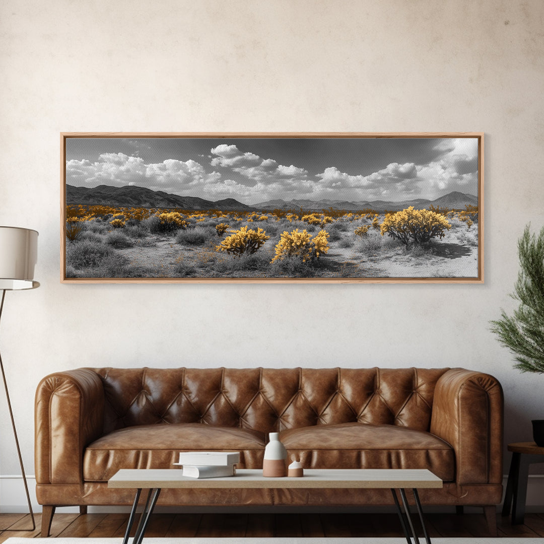 Desert Cactus, Southwestern Vibes, Golden Landscape, Boho Earth Tones, Framed Canvas Print, Entryway Wall Art, Desert Home Decor