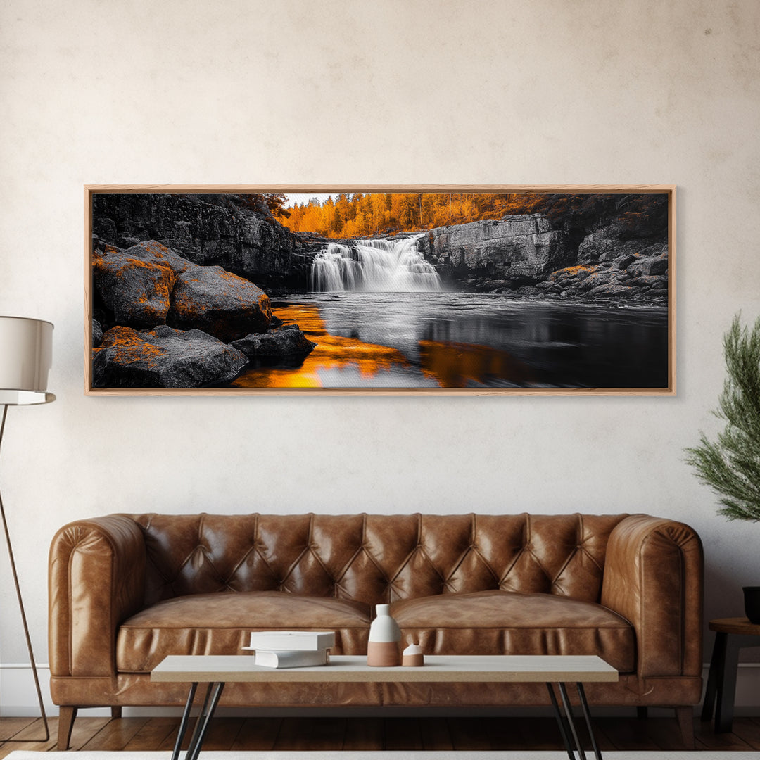 Autumn Waterfall, Fall Trees, Golden Reflections, Tranquil Scene, Framed Canvas Print, Nature Wall Art, Seasonal Decor, Cozy Living Room