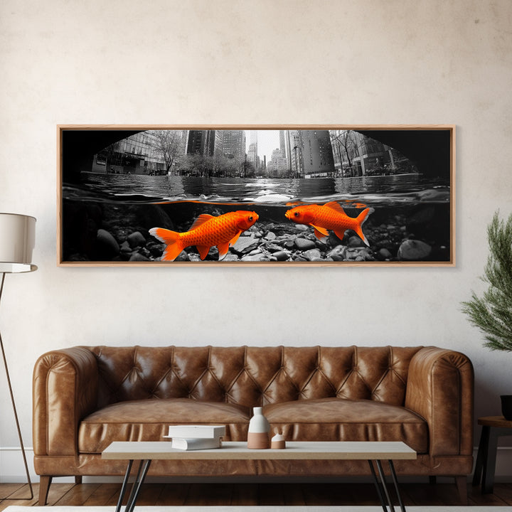 City Meets Nature, Urban Fish, Goldfish Art, Surreal Street Scene, Framed Canvas Print, Quirky Kitchen Wall Art, Modern Whimsical Decor