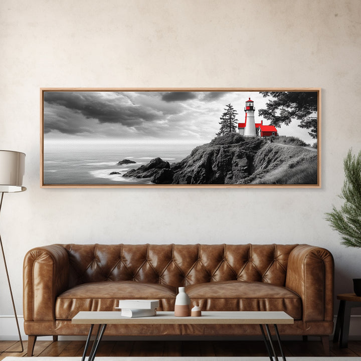 Coastal Lighthouse, Ocean Cliffs, Red Roof, Nautical Beacon, Framed Canvas Print, Bathroom Wall Art, Minimalist Coastal Decor, Seaside Vibe