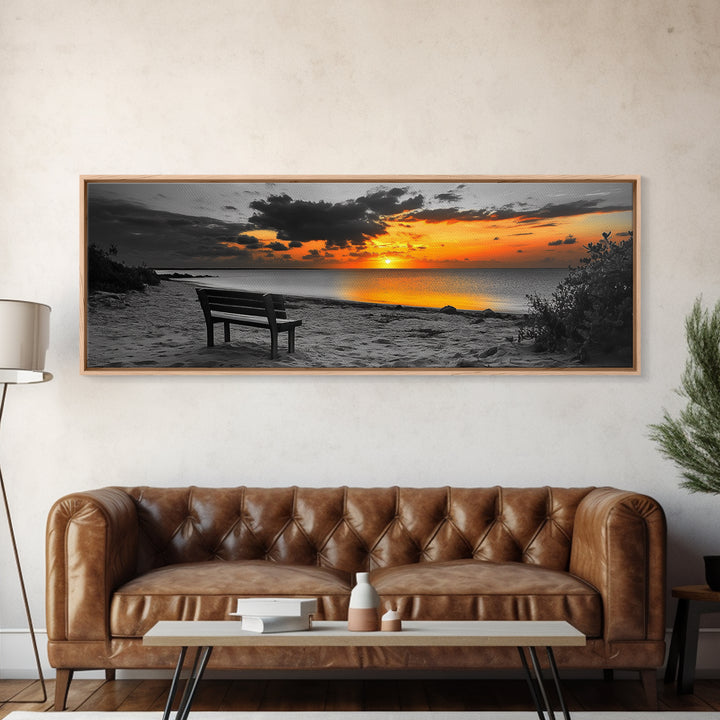 Sunset Beach Bench, Serene Coastal Scene, Solitude View, Framed Canvas Print, Minimalist Wall Art, Living Room, Relaxing Home Decor