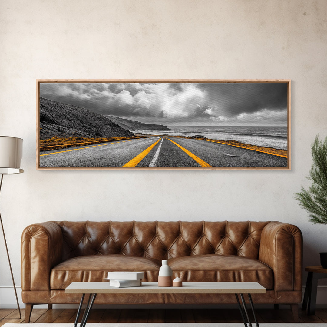 Coastal Highway Drive, Scenic Ocean Road, Stormy Sky Vibes, Framed Canvas Print, Modern Wall Art, Office Decor, Monochrome Landscape