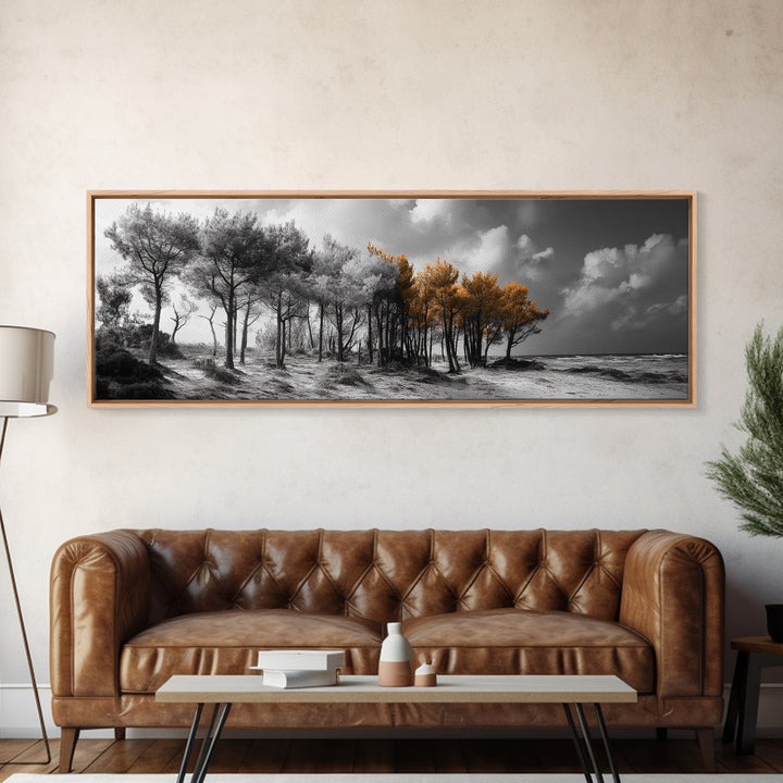Autumn Forest Trees, Windswept Pine Grove, Beachside View, Framed Canvas Print, Fall Wall Art, Entryway Decor, Minimalist Style