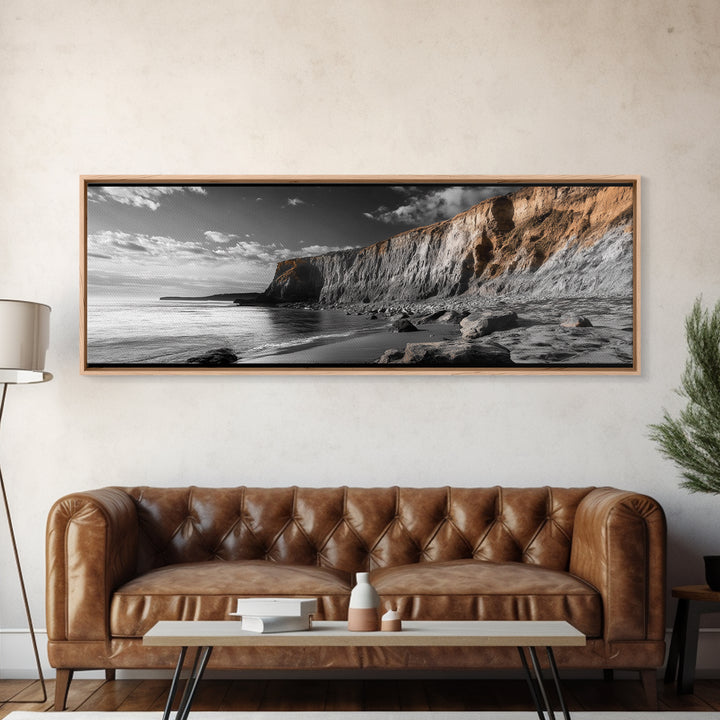 Coastal Cliffs Sunset, Rugged Shoreline Scene, Seaside Beauty, Framed Canvas Print, Earth Tone Art, Living Room Decor, Nature Wall Art