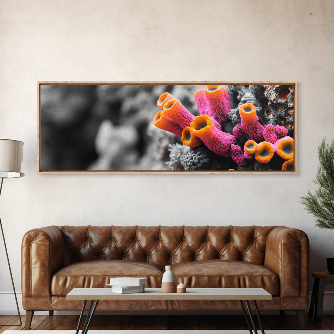 Neon Coral Closeup, Vibrant Underwater Detail, Oceanic Texture Wall Art, Framed Canvas Print, Bathroom Decor, Coastal Modern Style