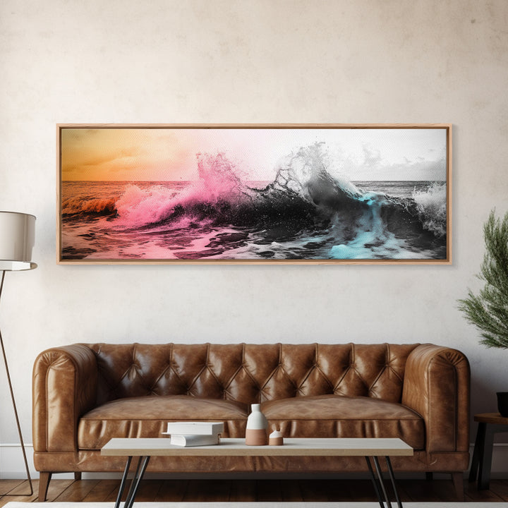 Crashing Ocean Wave, Pastel Color Splash, Moody Coastal Storm, Framed Canvas Print, Bathroom Wall Art, Surfer Beach Vibes